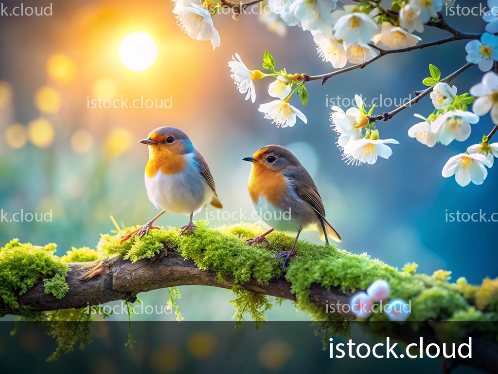 Two small birds perched on a moss-covered branch, surrounded by delicate white blossoms and soft sunlight filtering through the trees.