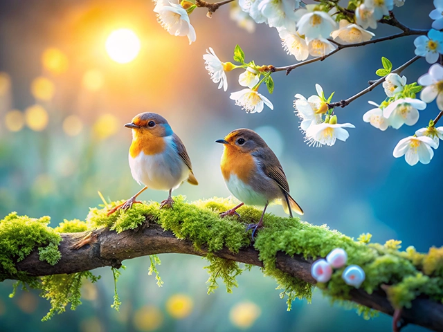 Two small birds perched on a moss-covered branch, surrounded by delicate white blossoms and soft sunlight filtering through the trees.