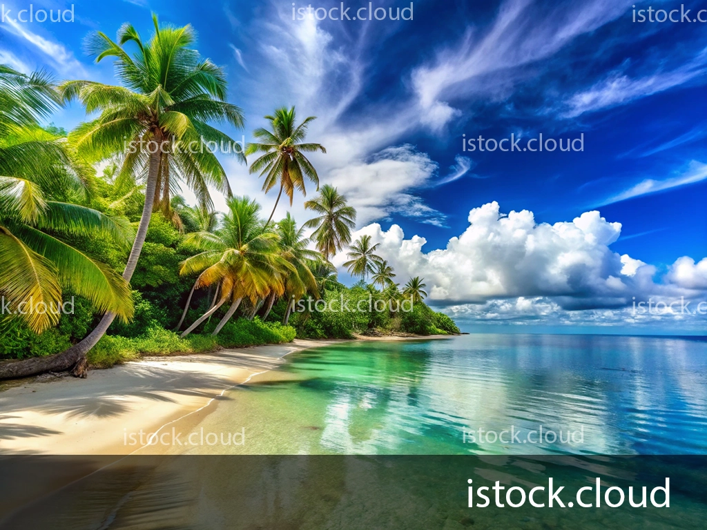 A tranquil beach scene featuring palm trees lining a clear, shallow lagoon with gentle waves, under a bright blue sky adorned with fluffy white clouds.