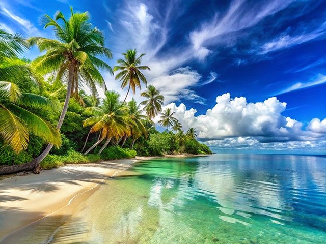 A tranquil beach scene featuring palm trees lining a clear, shallow lagoon with gentle waves, under a bright blue sky adorned with fluffy white clouds.