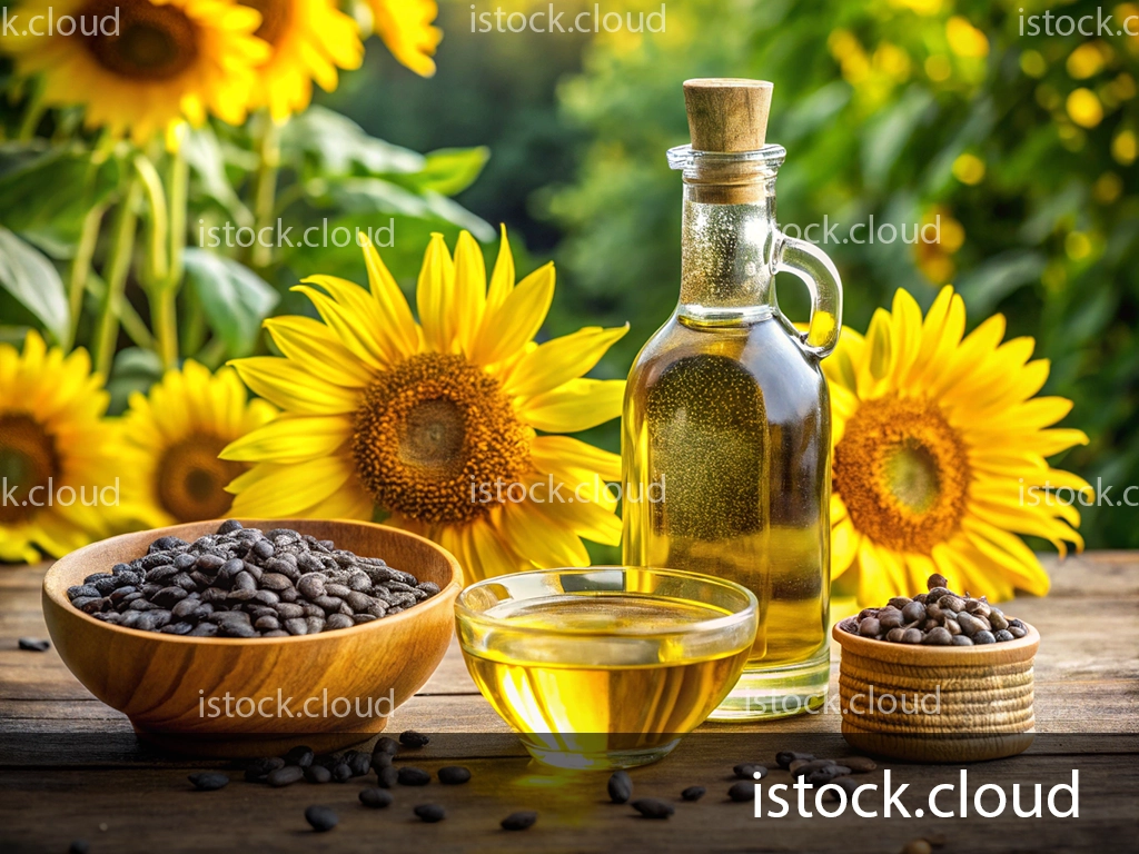 A picturesque arrangement of sunflower oil in a glass bottle, sunflower seeds in wooden bowls, and vibrant sunflowers in the background.