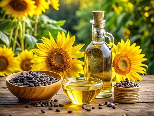 A picturesque arrangement of sunflower oil in a glass bottle, sunflower seeds in wooden bowls, and vibrant sunflowers in the background.