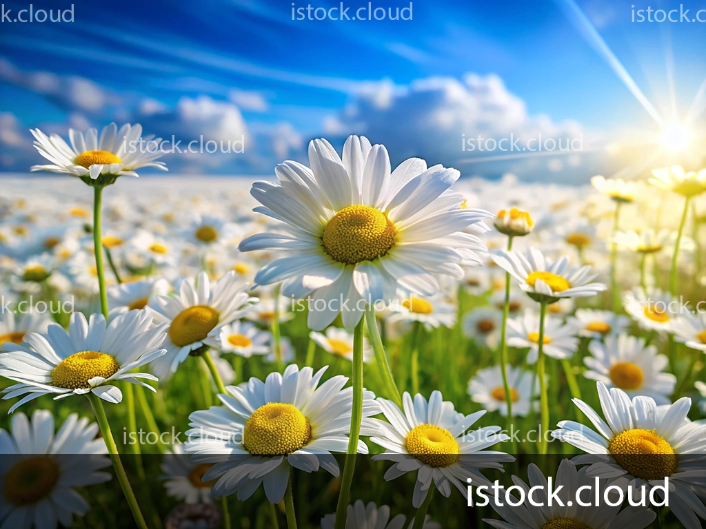 A vibrant field of daisies basking in the sunlight, with a clear blue sky and fluffy clouds in the background. The focus is on several white flowers with yellow centers.