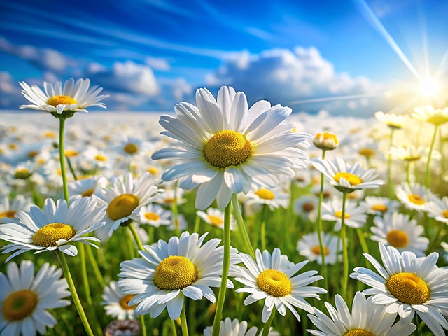 A vibrant field of daisies basking in the sunlight, with a clear blue sky and fluffy clouds in the background. The focus is on several white flowers with yellow centers.