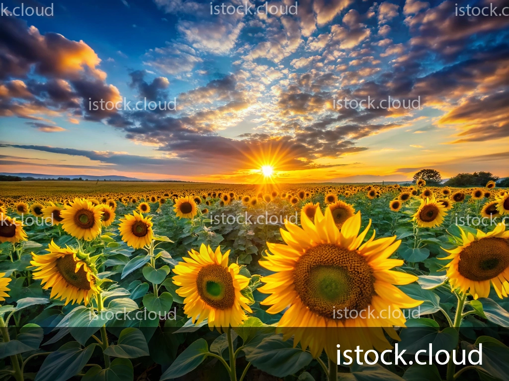 A vibrant field of sunflowers stretches toward the horizon under a colorful sunset sky, with fluffy clouds illuminated by the golden rays of the setting sun.