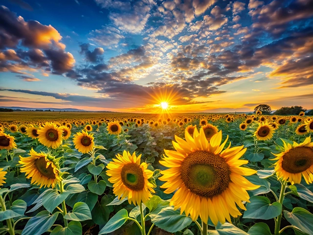 A vibrant field of sunflowers stretches toward the horizon under a colorful sunset sky, with fluffy clouds illuminated by the golden rays of the setting sun.
