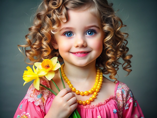 A cheerful young girl with curly hair is smiling at the camera. She holds a bouquet of yellow daffodils in her right hand and wears a vibrant pink dress adorned with floral patterns. Around her neck, she has a bright yellow beaded necklace. The background is softly blurred, creating a warm atmosphere.