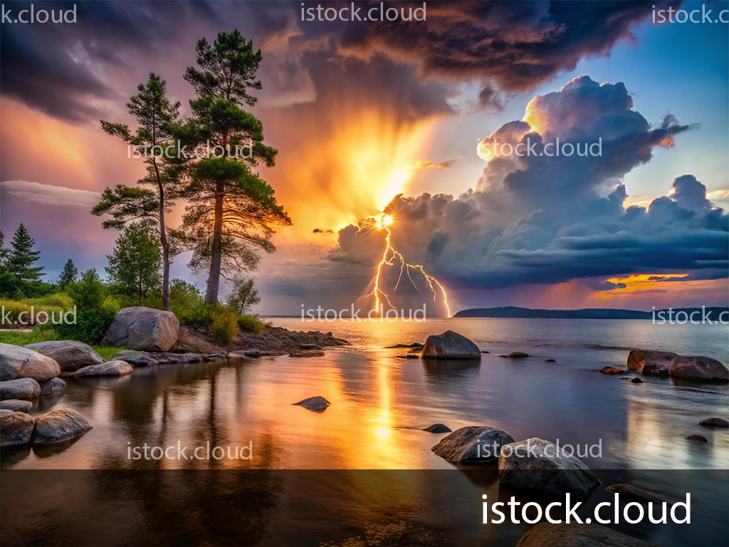 A dramatic sunset scene over a lake, featuring towering clouds illuminated by lightning and vibrant colors, with silhouettes of trees and large rocks along the shore.