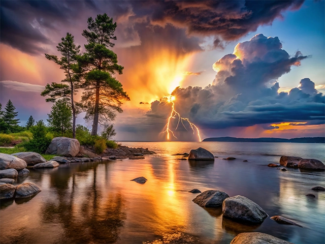 A dramatic sunset scene over a lake, featuring towering clouds illuminated by lightning and vibrant colors, with silhouettes of trees and large rocks along the shore.