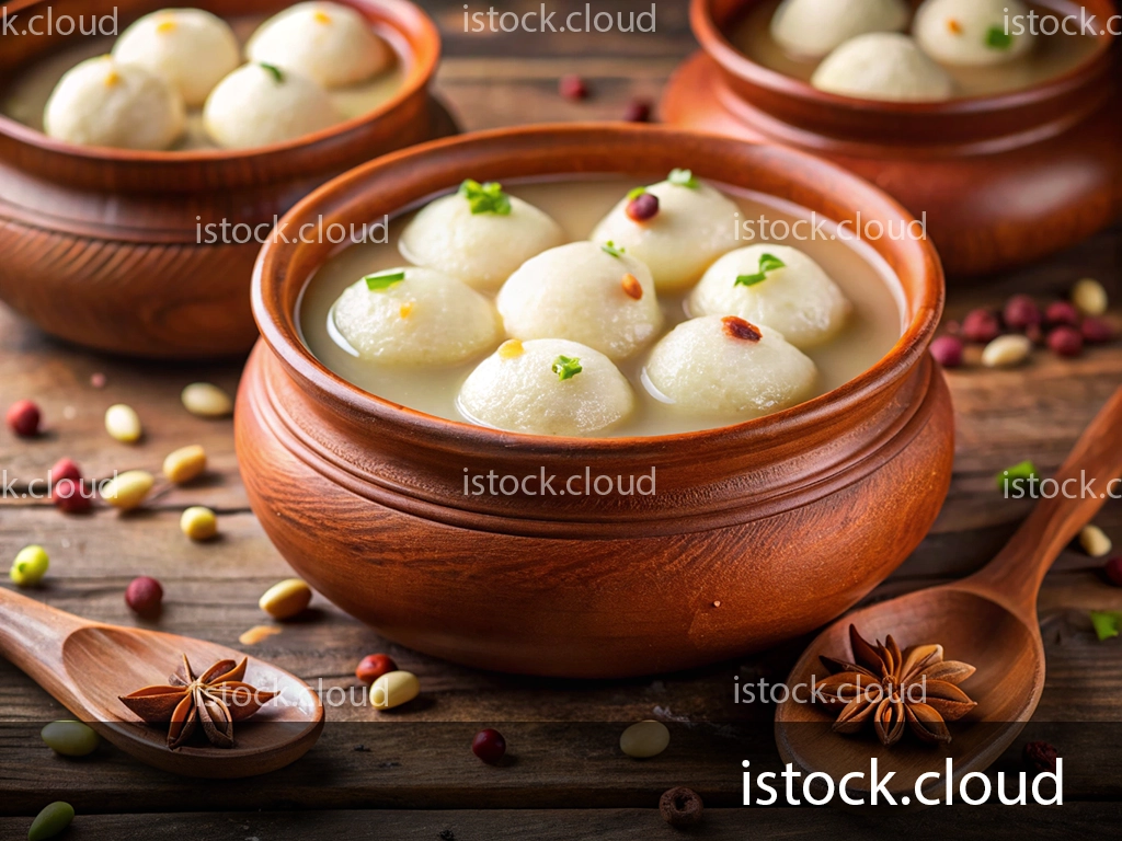 Clay pots filled with soft, round rasgullas in a sweet syrup, garnished with green herbs, surrounded by scattered colorful legumes, and a wooden spoon with star anise.