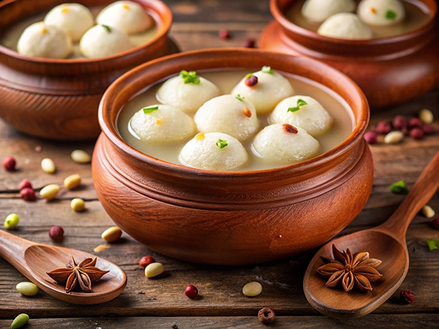 Clay pots filled with soft, round rasgullas in a sweet syrup, garnished with green herbs, surrounded by scattered colorful legumes, and a wooden spoon with star anise.