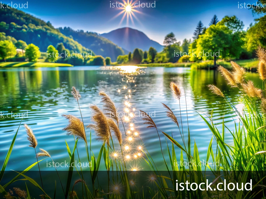A picturesque lake surrounded by lush greenery, with sunlight sparkling on the water's surface and tall grass swaying gently in the foreground.
