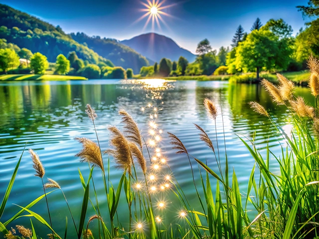 A picturesque lake surrounded by lush greenery, with sunlight sparkling on the water's surface and tall grass swaying gently in the foreground.