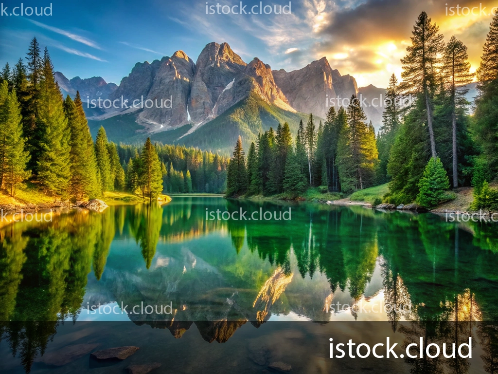 A picturesque landscape featuring a serene lake surrounded by lush evergreen trees and towering mountains. The vibrant colors of the sunset reflect off the water, creating a stunning mirror effect. The scene captures the beauty of nature with clear blue skies and rugged mountain peaks in the background.