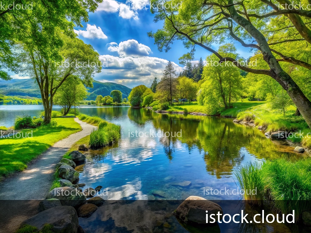 A tranquil lakeside view featuring lush green trees, a winding pathway beside crystal-clear water, and vibrant reflections against a blue sky dotted with fluffy clouds.