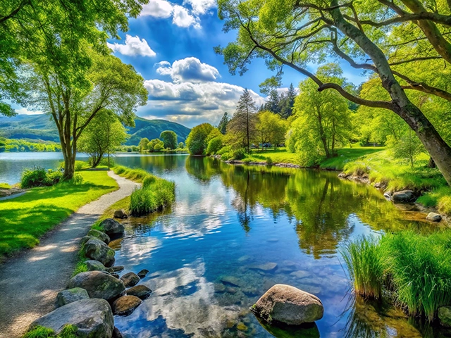 A tranquil lakeside view featuring lush green trees, a winding pathway beside crystal-clear water, and vibrant reflections against a blue sky dotted with fluffy clouds.