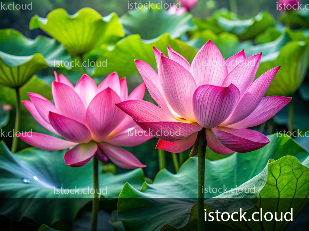 Two vibrant pink lotus flowers emerge from a lush green pond, surrounded by large leaves and softly illuminated by natural light.
