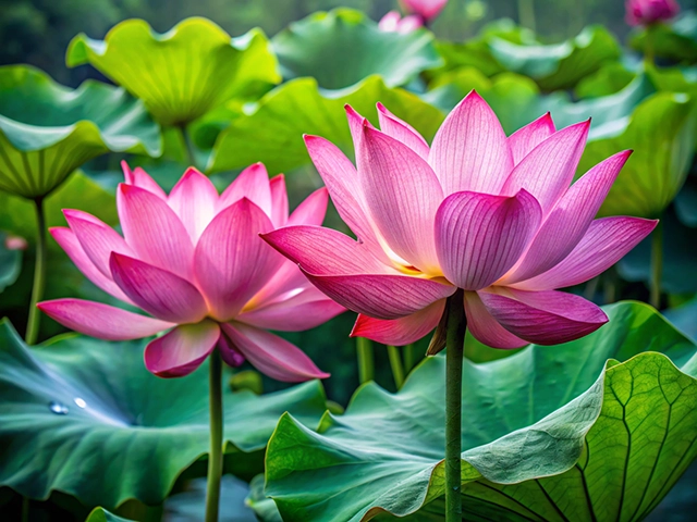 Two vibrant pink lotus flowers emerge from a lush green pond, surrounded by large leaves and softly illuminated by natural light.