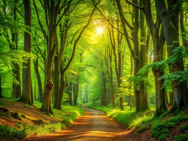 A serene forest scene featuring a winding dirt path flanked by tall, green trees illuminated by soft sunlight filtering through the leaves.