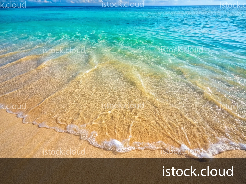 A serene beach scene featuring gentle waves lapping at a sandy shore. The water is a gradient of turquoise and blue, contrasting beautifully with the golden sand. The horizon is clear with a few clouds, creating a tranquil atmosphere.