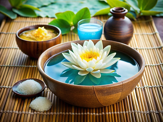 A serene spa arrangement featuring a wooden bowl filled with water and a blooming white lotus flower. Accompanying the bowl are two smaller wooden bowls containing a creamy substance and a glass of blue liquid, with sugar crystals scattered nearby. The setting is enhanced by a bamboo mat and green foliage.