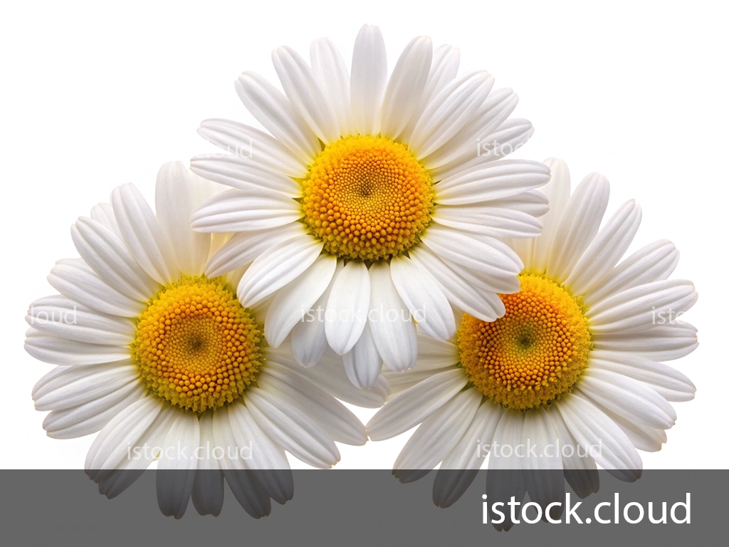 Three white daisies with yellow centers arranged closely together on a white background.
