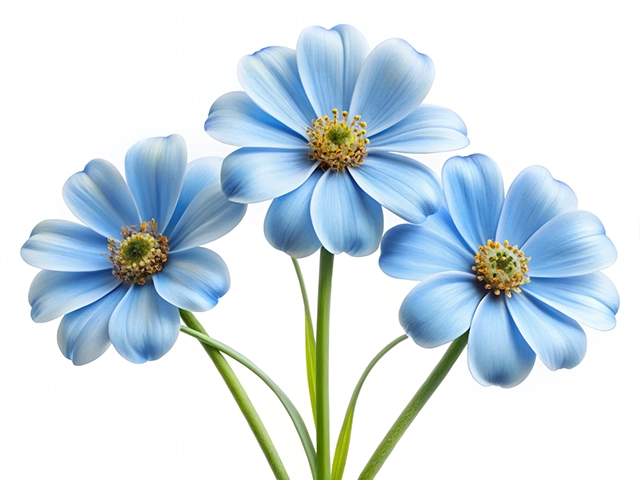 Three light blue flowers with a radial petal arrangement, showcasing green centers and slender green stems against a white background.