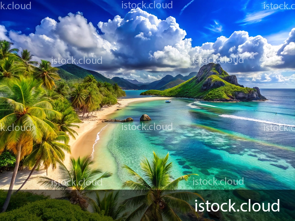 A breathtaking view of a tropical beach featuring palm trees, turquoise waters, and a rocky island in the distance under a vibrant blue sky with fluffy clouds.