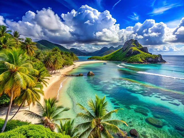 A breathtaking view of a tropical beach featuring palm trees, turquoise waters, and a rocky island in the distance under a vibrant blue sky with fluffy clouds.