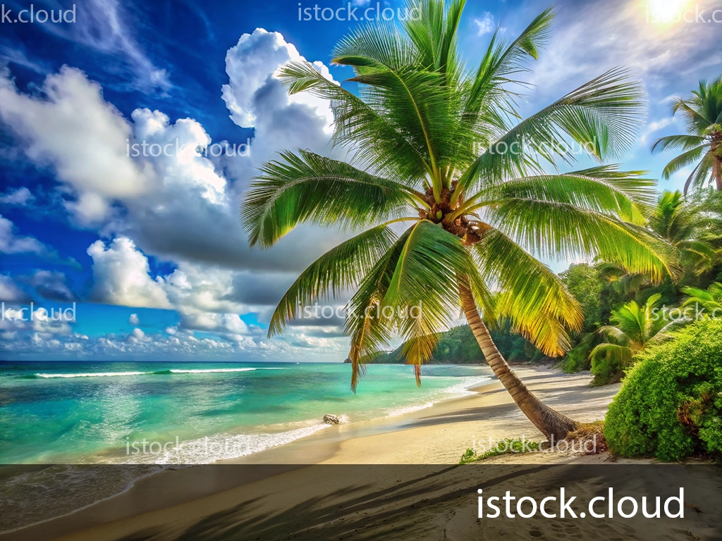 A picturesque beach with sandy shorelines, turquoise waters, and a tall palm tree. Fluffy clouds fill the blue sky, creating a tranquil atmosphere.
