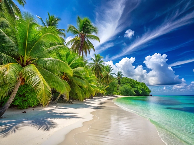 A picturesque beach lined with vibrant green palm trees and crystal-clear turquoise waters under a bright blue sky with fluffy white clouds.