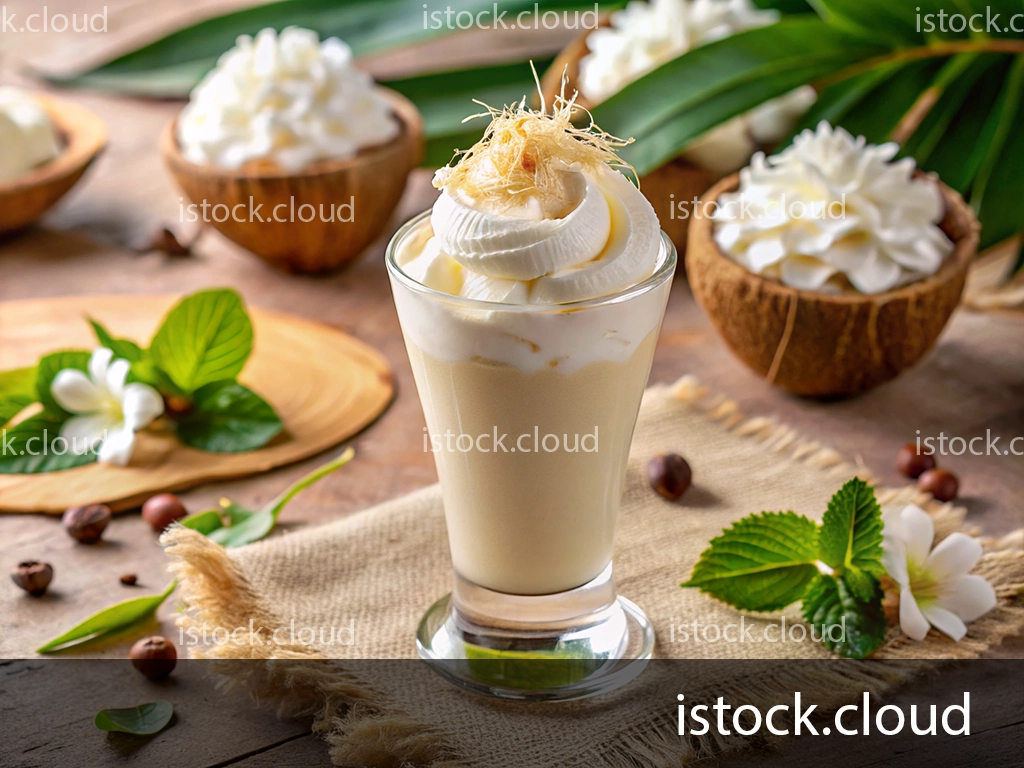 A glass of creamy dessert topped with coconut cream and sweet garnishes, surrounded by coconut flesh with shells, green leaves, and white flowers on a rustic wooden table.