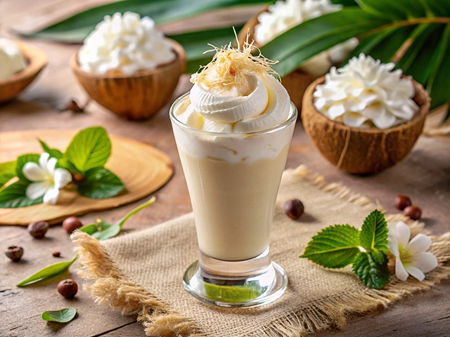 A glass of creamy dessert topped with coconut cream and sweet garnishes, surrounded by coconut flesh with shells, green leaves, and white flowers on a rustic wooden table.