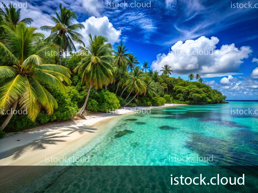 A stunning view of a tropical beach with white sand, palm trees, and crystal-clear turquoise water under a bright blue sky with fluffy white clouds.