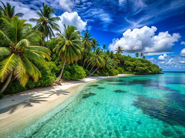 A stunning view of a tropical beach with white sand, palm trees, and crystal-clear turquoise water under a bright blue sky with fluffy white clouds.