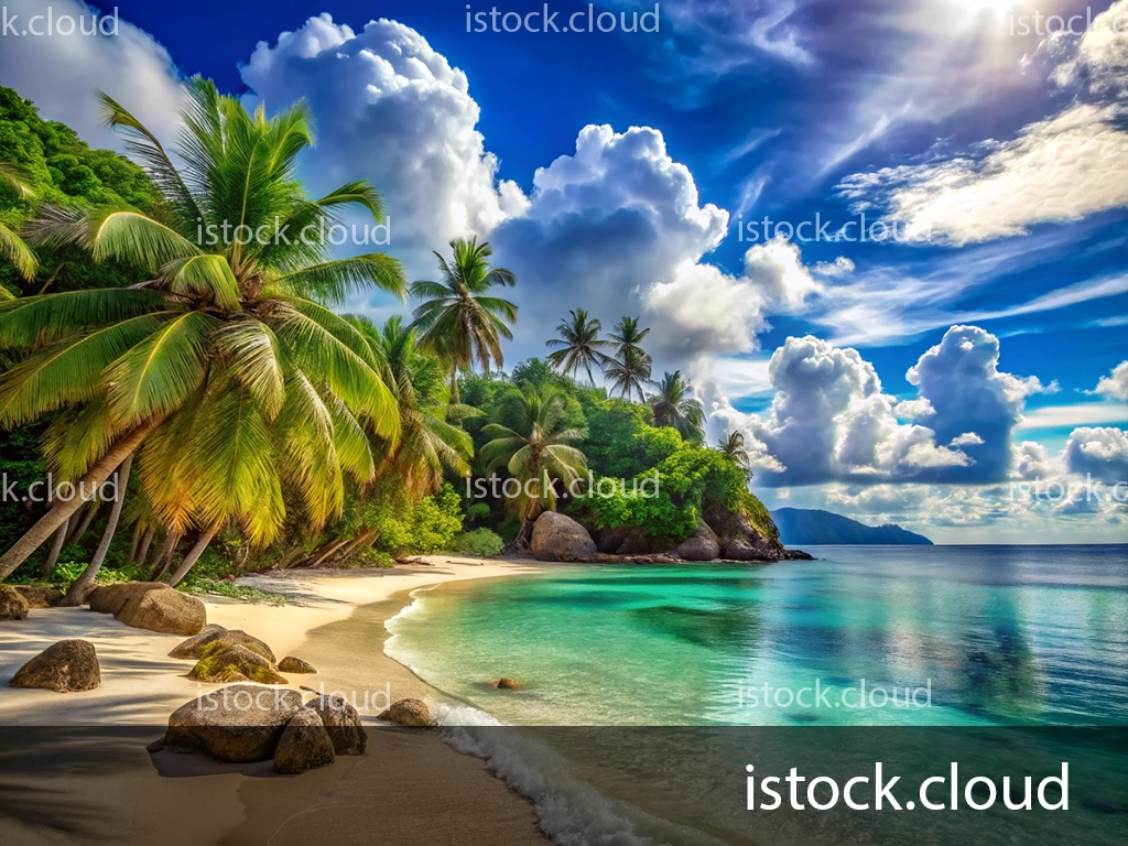 A serene tropical beach scene featuring lush green palm trees swaying in the breeze. The sandy shore curves gently along the turquoise water, reflecting fluffy white clouds and a vibrant blue sky. Large boulders are scattered along the beach, with a backdrop of a lush green hillside and distant mountains.