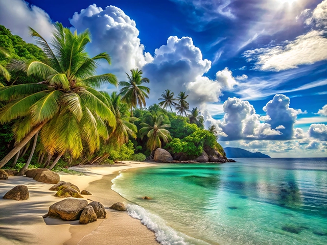 A serene tropical beach scene featuring lush green palm trees swaying in the breeze. The sandy shore curves gently along the turquoise water, reflecting fluffy white clouds and a vibrant blue sky. Large boulders are scattered along the beach, with a backdrop of a lush green hillside and distant mountains.