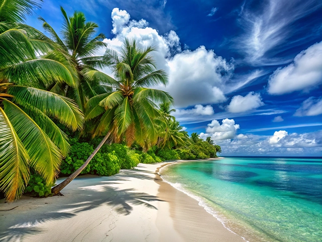 A picturesque tropical beach scene featuring clear turquoise water, white sand, and lush green palm trees against a backdrop of a vibrant blue sky with fluffy white clouds.