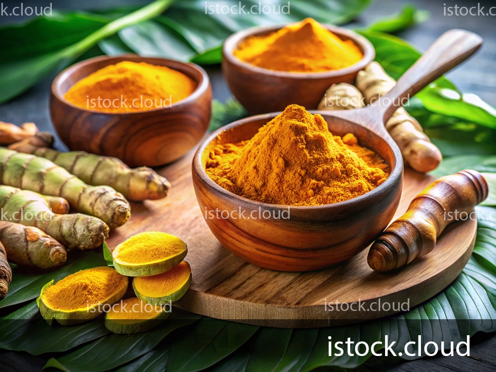 A close-up image of wooden bowls filled with turmeric powder, placed on a wooden surface surrounded by fresh turmeric roots and green leaves, showcasing vibrant yellow hues.
