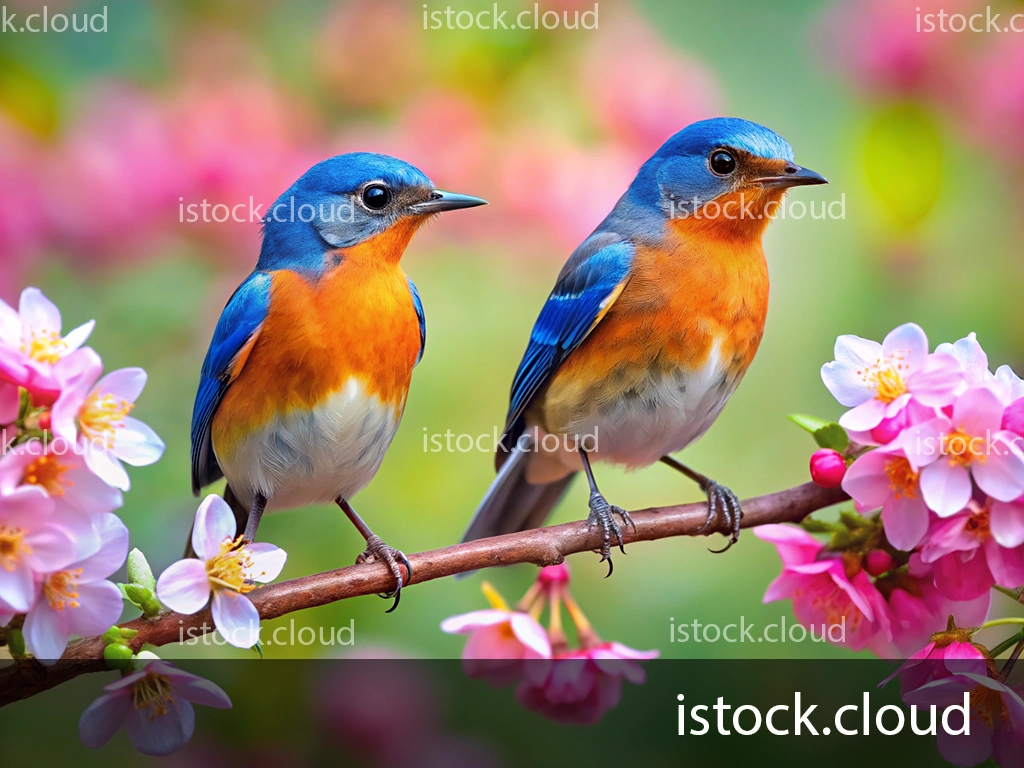 Two vibrant bluebirds perched on a branch surrounded by delicate pink flowers. The birds exhibit bright blue heads and wings, with orange breasts, set against a softly blurred green background.
