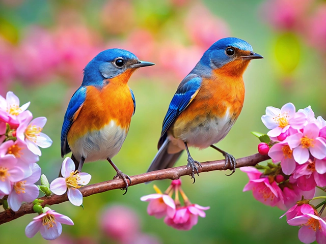 Two vibrant bluebirds perched on a branch surrounded by delicate pink flowers. The birds exhibit bright blue heads and wings, with orange breasts, set against a softly blurred green background.