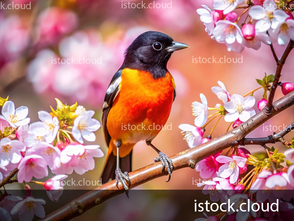 A Baltimore Oriole perched on a branch surrounded by pink cherry blossoms, showcasing its striking orange and black plumage.