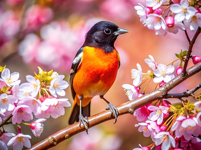 A Baltimore Oriole perched on a branch surrounded by pink cherry blossoms, showcasing its striking orange and black plumage.