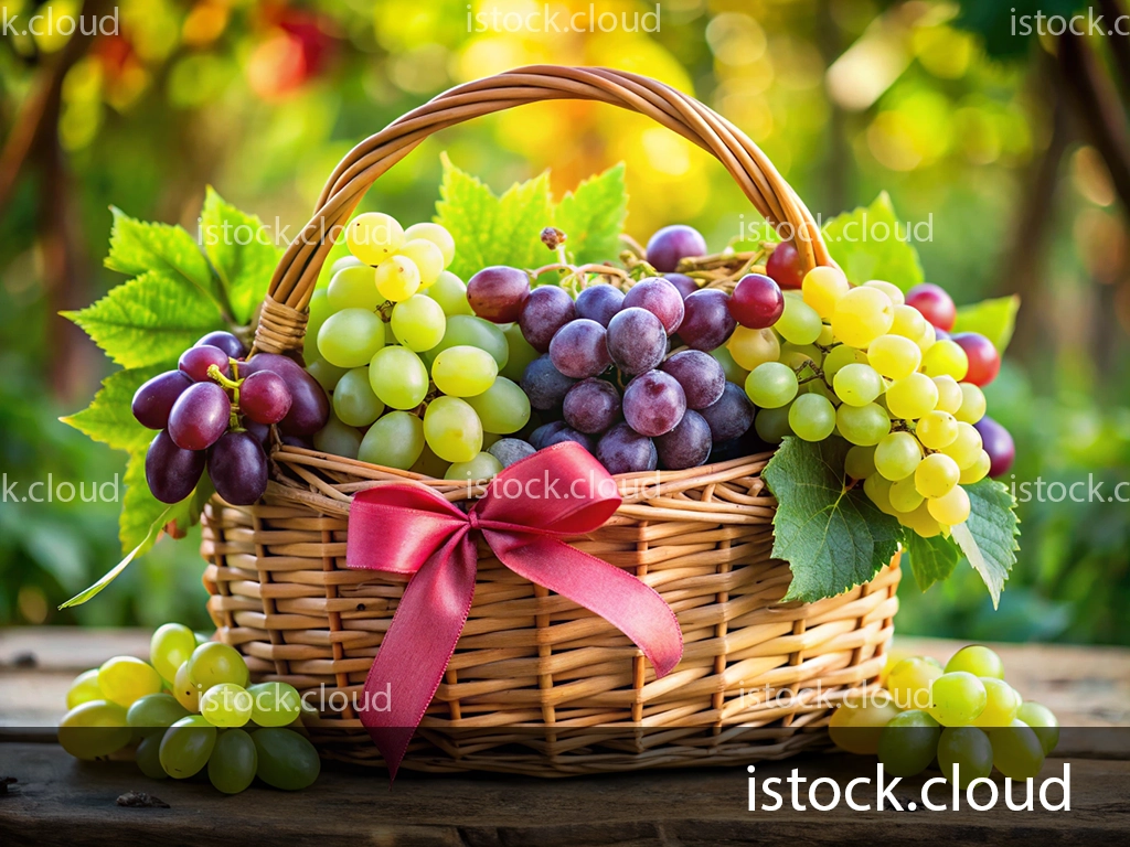 A beautifully arranged wicker basket filled with green, red, and purple grapes, adorned with green leaves and a red ribbon, set on a rustic wooden table with a blurred nature background.