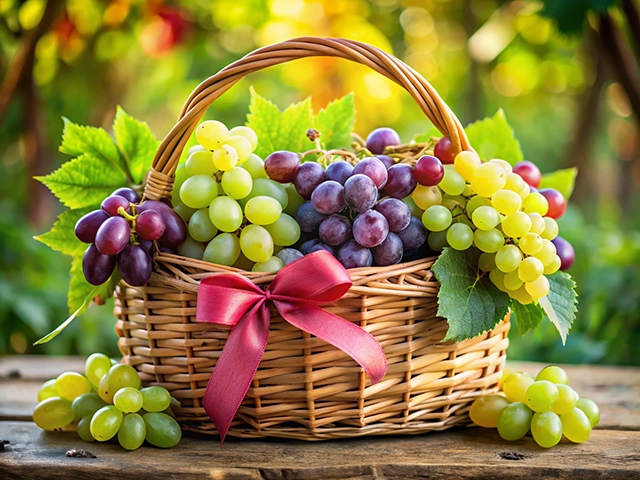 A beautifully arranged wicker basket filled with green, red, and purple grapes, adorned with green leaves and a red ribbon, set on a rustic wooden table with a blurred nature background.