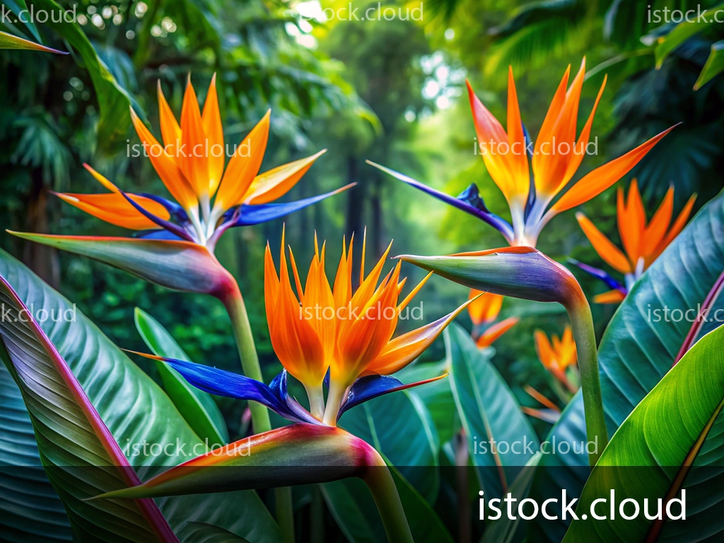 Close-up view of bright orange and blue Bird of Paradise flowers amidst lush green foliage, creating a vivid tropical scene.