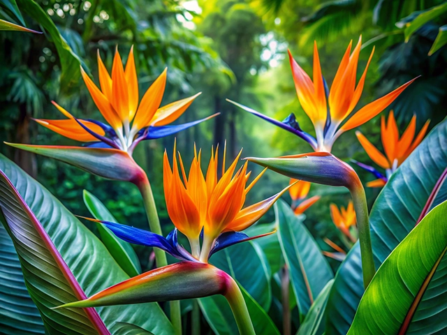 Close-up view of bright orange and blue Bird of Paradise flowers amidst lush green foliage, creating a vivid tropical scene.