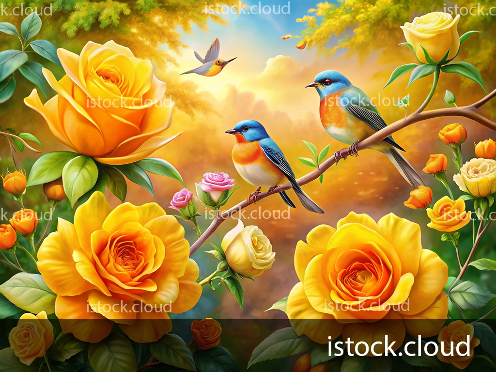 A colorful painting featuring two bluebirds perched on a branch amidst lush yellow roses and smaller flowers. The background radiates warm hues of orange and gold, creating a serene spring atmosphere.
