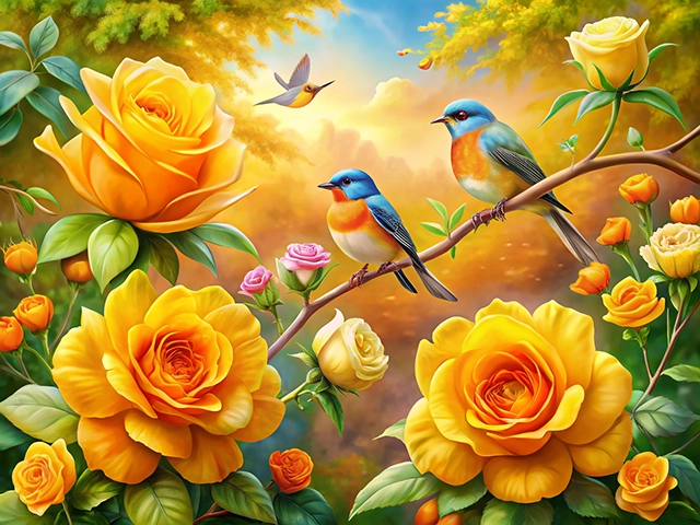 A colorful painting featuring two bluebirds perched on a branch amidst lush yellow roses and smaller flowers. The background radiates warm hues of orange and gold, creating a serene spring atmosphere.