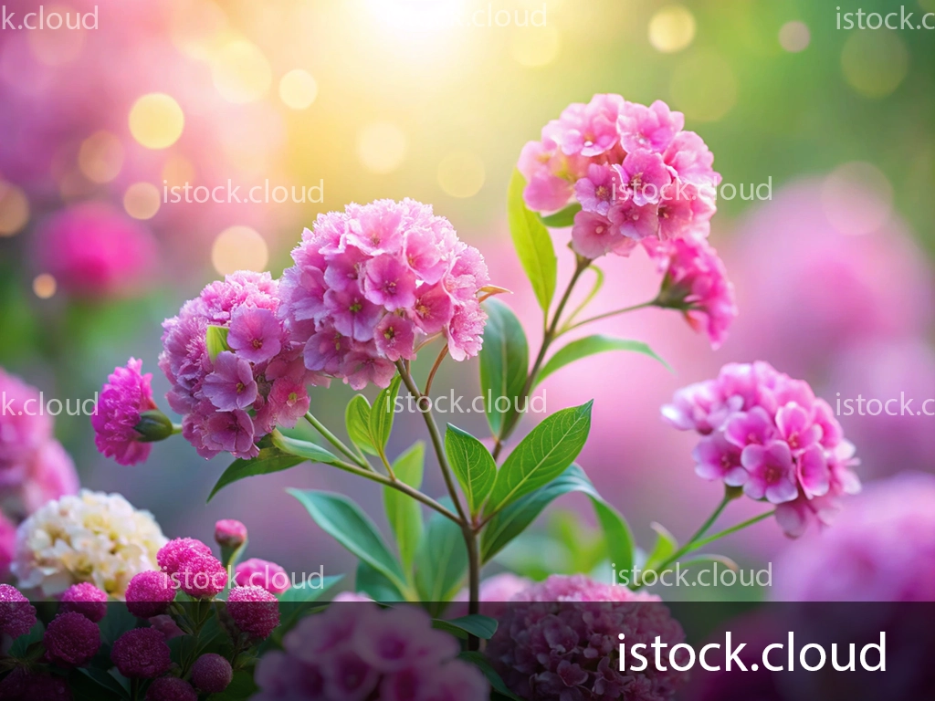 Close-up of pink flowers in full bloom, surrounded by a soft-focus background of additional floral blooms and a warm, glowing light.